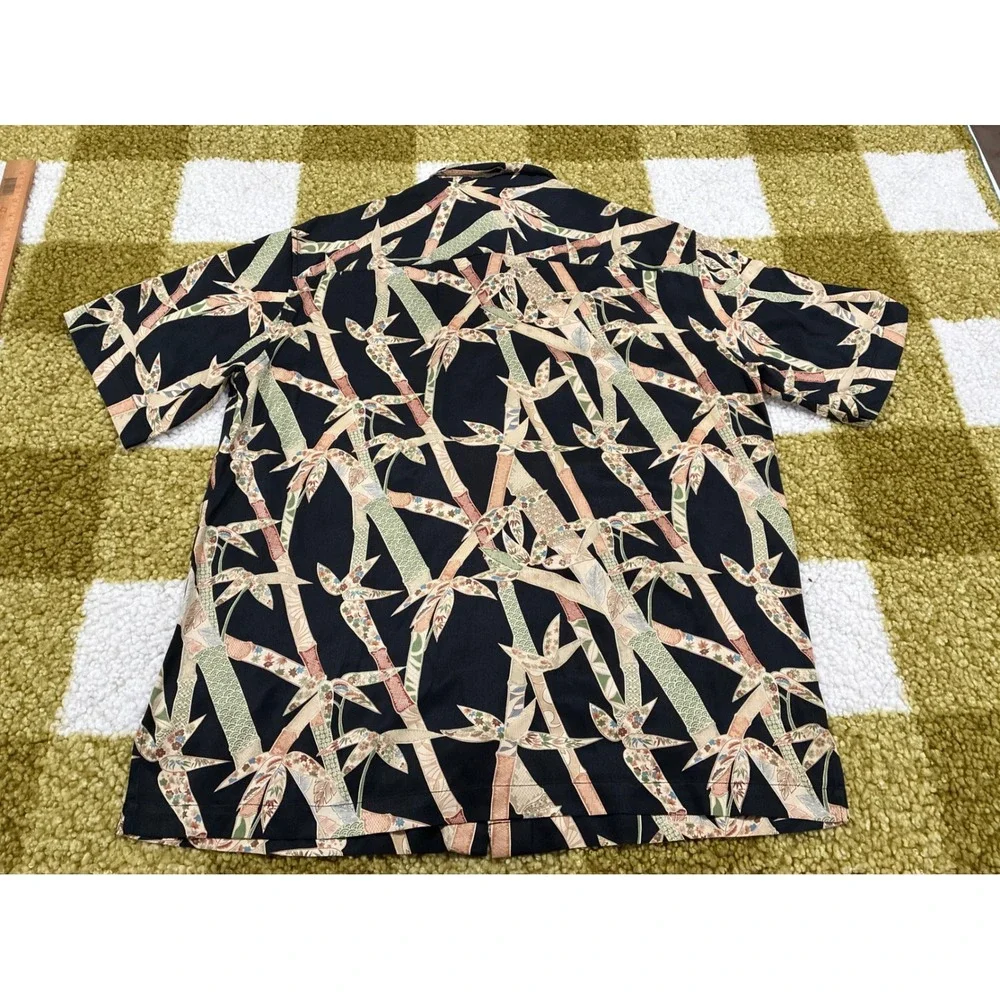 Tori Richard Honolulu Mens Silk Lyocell Bamboo Print Aloha Shirt Black Medium